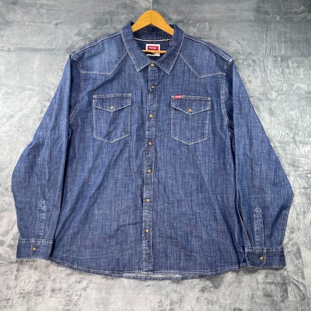 Wrangler Mens 3XL Indigo Denim Long Sleeve Western Shirt Pearl Snap Button Up